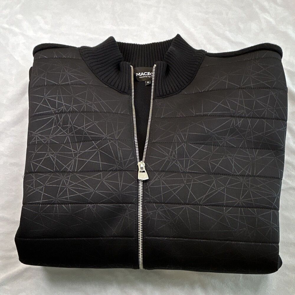 Maceoo Jacket Mens XL Black Mixed Media Quilted Geometric Knit Bomber Full Zip